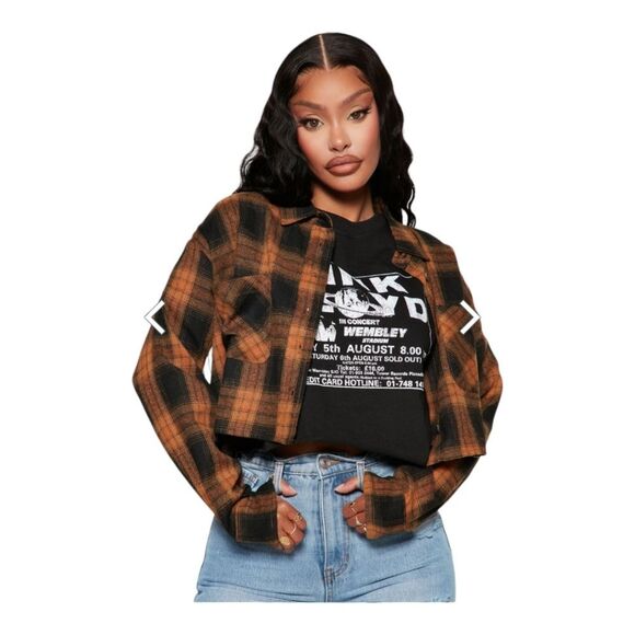 Fashion nova Briella Cropped Plaid Shirt Mustard/combo brown yellow - Picture 4 of 16